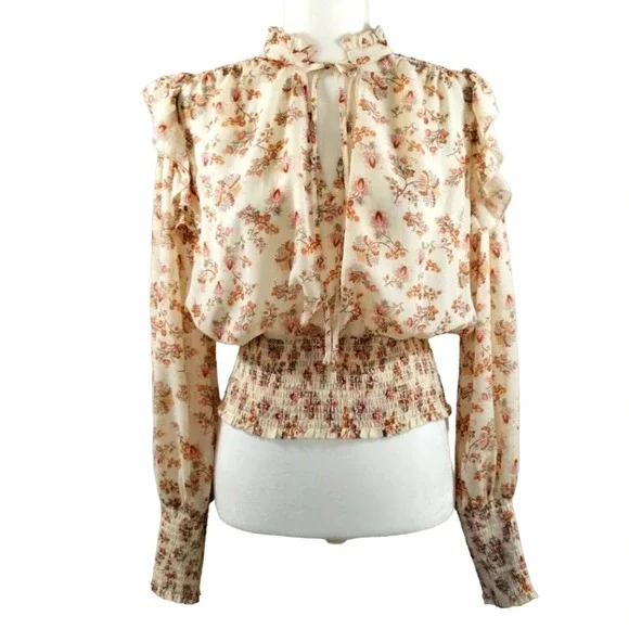 O Forever 21 Cream Wildflower Neck Tie Smocked Cropped Long Sleeve Top NWT M - Picture 2 of 13